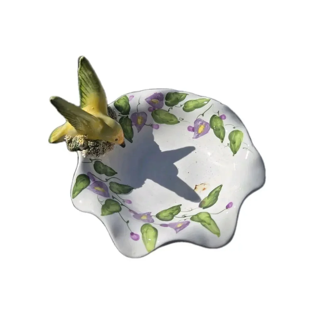 Handmade Artisan Ceramic Pottery Bird Feeder Bath Planter Yellow Koi Birds
